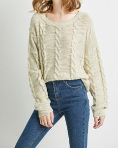 "Blair" Women Cotton Linen Blend Cable Crewneck Sweater